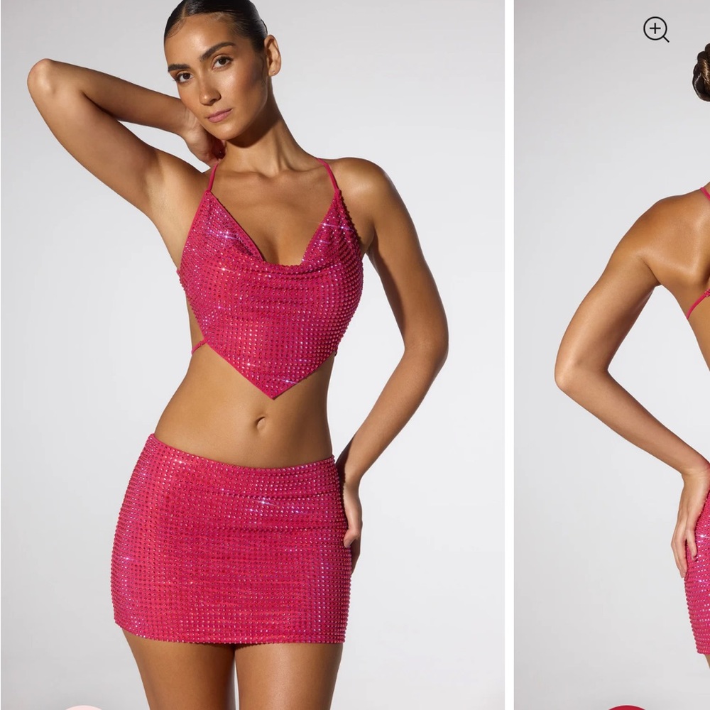 Oh Polly EMBELLISHED COWL NECK OPEN BACK CROP TOP & SKIRT IN HOT PINK